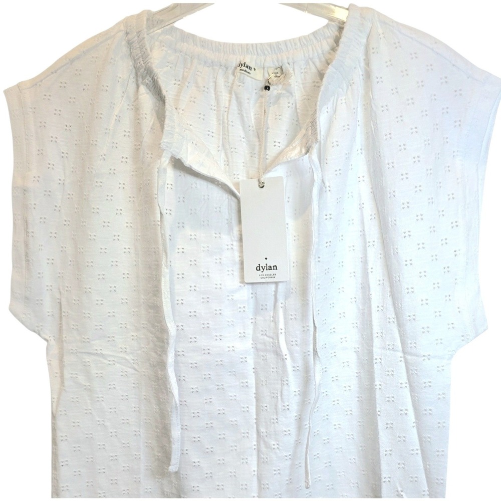 Sundance Dylan Gia Eylet Tee Shirt Top Cap Sleeve Medium White Drawstring V-Neck - Picture 2 of 12